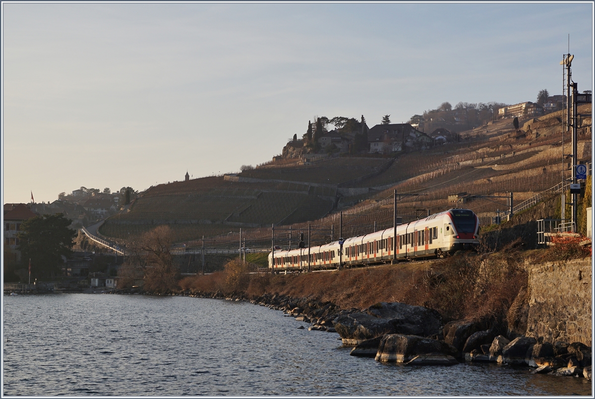 Zwei SBB RABe 523 auf der Fahrt Richtung Lausanne kurz vor Rivaz im Abendlichen Gegenlicht. 

25. Jan. 2019