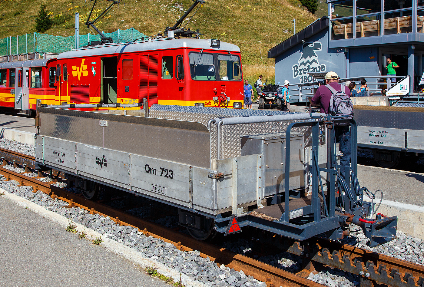 Der zweiachsige Güterwagen mit Bremserbühne bzw. Vorstellwagen tpc BVB Om 723 (ex BVB OM° 123) abgestellt im Bergbahnhof Col-de-Bretaye (1.808 m ü. M.), hier am 10.09.2023.

Der Wagen wurde 1944 von Robert Aebi & Cie. A.G. in Zürich (RACO) gebaut, er hat ein Eigengewicht von 1,6 t die maximale Zuladung beträgt 1,5 t. 
