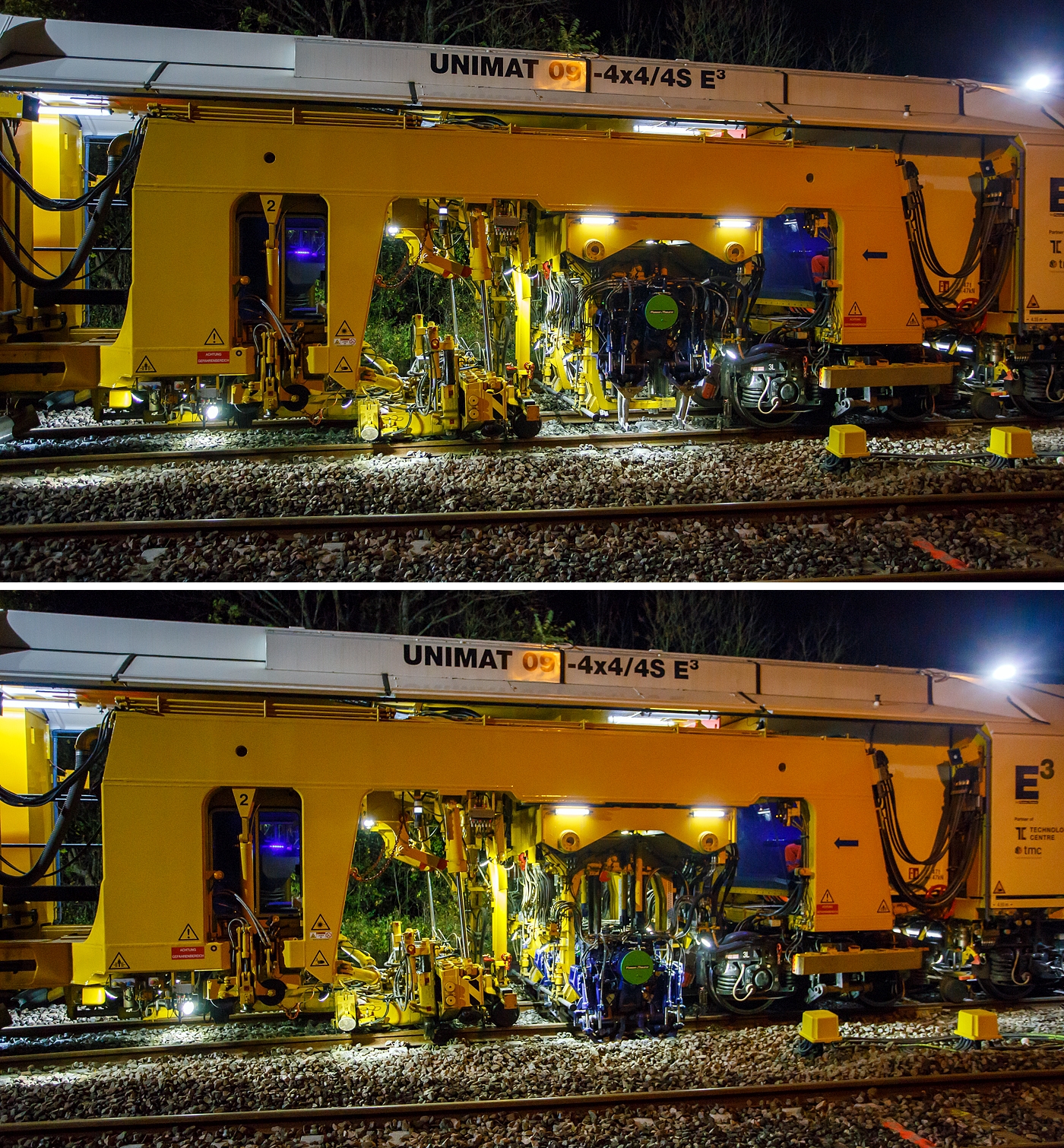 Die Baustelle Bahnhof Herdorf am Abend des 26 Oktober 2025, nun ab 20:40 Uhr wird die neue Weiche 3, beim Bahnhof/Stellwerk Herdorf Fahrdienstleiter (Hf), gestopft. Hier kam die recht neue Plasser & Theurer UNIMAT 09-4x4/4S E� (A-PLA 99 81 9124 004-8), eine Universal-Weichenstopfmaschine mit Hybrid-Antriebstechnik, der Firma Eiffage Infra-Rail GmbH (Herne) zum Einsatz. Ob die Maschine nur von Eiffage Infra-Rail gemietet oder nun gekaut wurde ist mir nicht klar, aber eingestellt ist sie in �sterreich �ber Franz Plasser Vermietung von Bahnbaumaschinen GmbH.

Detailbilder vom Stopfvorgang….