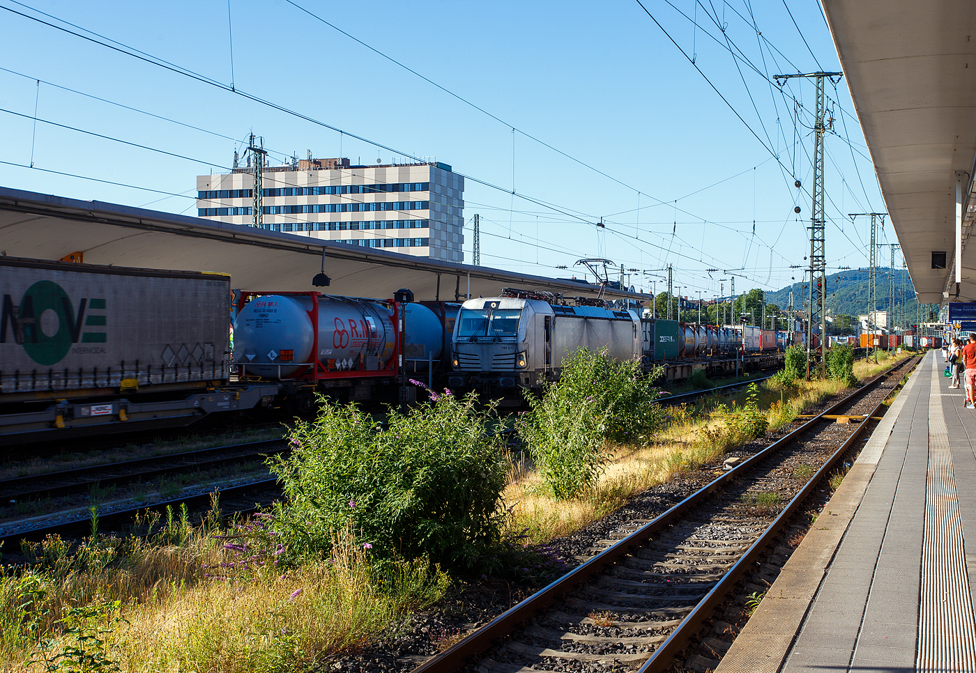 Die eigentlich „weiße“ SIEMENS Vectron MS 193 512-1 (91 80 6193 512-1 D-ELOC) der ELL - European Locomotive Leasing (Wien) hat am 01 Juli 2025 mit einem KLV-Zug in Richtung Köln fahrend im Hauptbahnhof Koblenz Hp 0. 

Nochmals einen lieben Gruß an den sehr netten Lokführer zurück. Leider war eine richtige Unterhaltung über die Gleise hinweg, wegen dem durchfahrendem Gegenzug, nicht richtig möglich und nach einem eingefahren FLIRT gar nicht mehr.

Die SIEMENS Vectron MS - 6.4 MW wurde 2023 von Siemens in München-Allach unter der Fabriknummer 23530 gebaut. Sie ist in der Variante A10-7i ausgeführt und hat so die Zulassungen für Deutschland, Österreich, Polen, Tschechien, Slowakei, Ungarn, Niederlande, Rumänien und Bulgarien (D / A / PL / CZ / SK / H / NL / RO und BG).

So besitzt die Variante MS A10-7i folgende Zugsicherungssysteme: ETCS BaseLine 3, sowie für Deutschland (PZB90 / LZB80 (CIR-ELKE I)), für Österreich (ETCS Level 1 mit Euroloop, ETCS Level 2, PZB90 / LZB80), für Polen (SHP), für Tschechien und die Slowakei (LS (Mirel)), für Ungarn (ETCS Level 1, EVM (Mirel)) für die Niederlande (ETCS Level 1, ETCS Level 2, ATB-EGvV) und für Rumänien und Bulgarien (PZB90).
