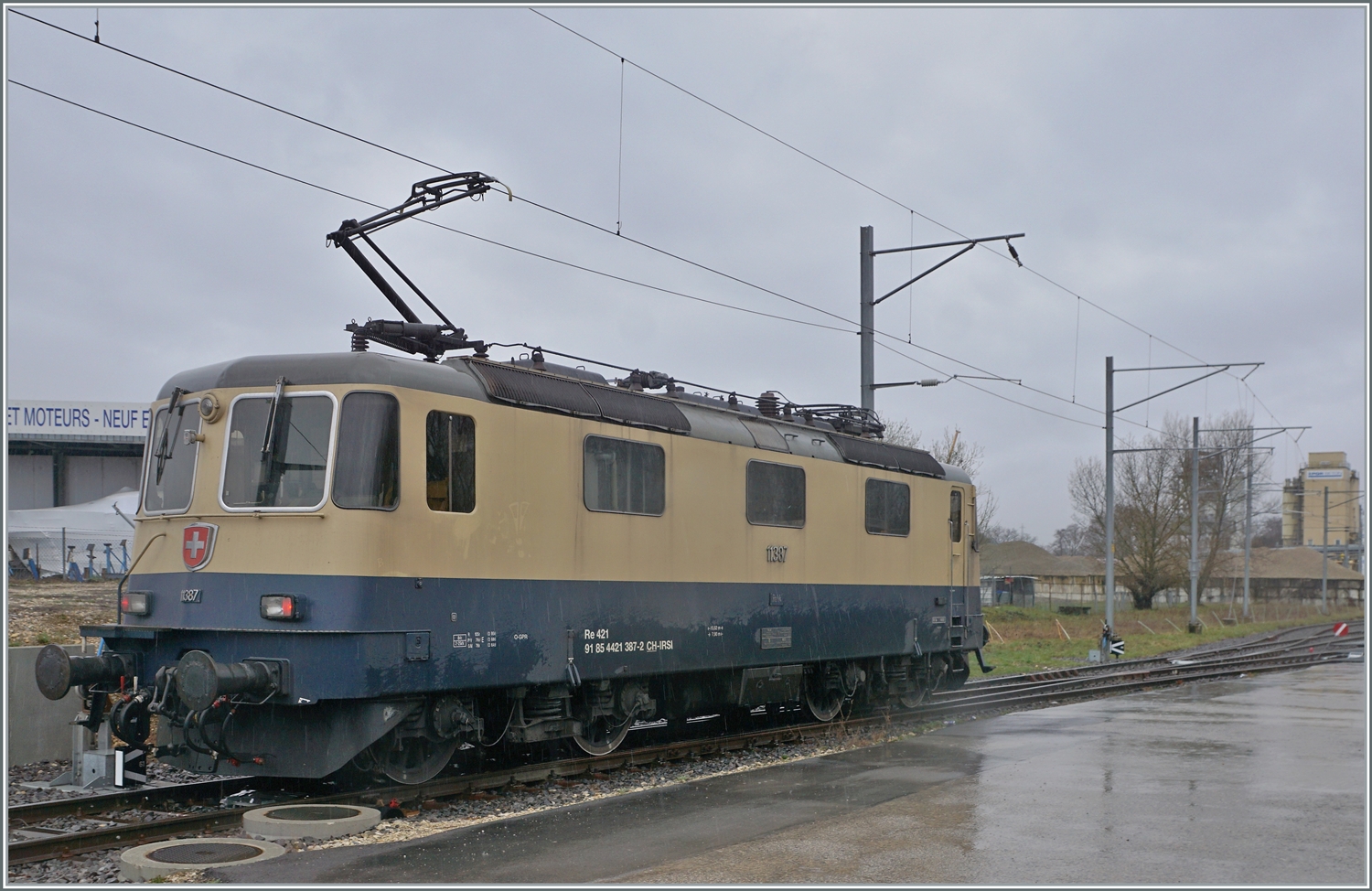 Die von Morges gekommene IRSI/IGE  Rheingold  Re 4/4 II 11387 (Re 421 387-2) verlässt in Gland die Strecke nach Genève und fährt in über ein Industriegleis in Richtung Kieswerk, um dort ihren Zug nach Apples abzuholen. Die angemietete IRSI/IGE Re 4/4 II 11387 (Re 421 387-2) ersetzt die zur Zeit in der Revision in Bellinzona weilende BAM MBC MBC Re 420 506.
Das schlechte Wetter hatte den Vorteil, nicht in den Konflikt mit dem Gegenlicht zu kommen, doch Regentropfen auf der Linse verdarben doch das eine oder andere Bild. Und auch auf diesem Bild trübt ein Rgen-Tropfen das Vergnügen.

22. Feb. 2024