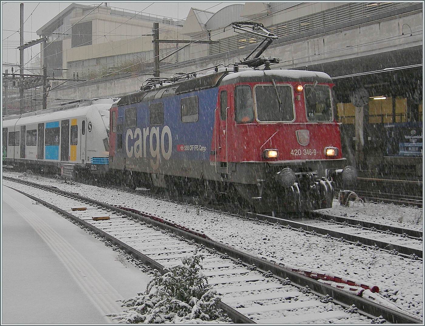 Die SBB Cargo Re 420 346-9 (Re 4/4 II 11346) wartet in Lausanne auf die Weiterfahrt. Am Haken hängt der DB 430 213 der S-Bahn Stuttgart. Hängt am Haken? 
Erst als es zu spät war bzw. der Zug abgefahren war, fiel mir ein, dass die DB 430 und eine SBB Re 4/4 II nicht die gleichen Kupplungen haben und wohl aus diesem Grund die Triebzüge bisher immer mit der RailAdventure GmbH, München nach Villeneuve gebracht wurden. 
Zum Bildschnitt: Ich habe den Triebwagen bewusst an dieser Stelle unschön abgeschnitten, da der Rest stark versuddelt war.  

21. November 2021 