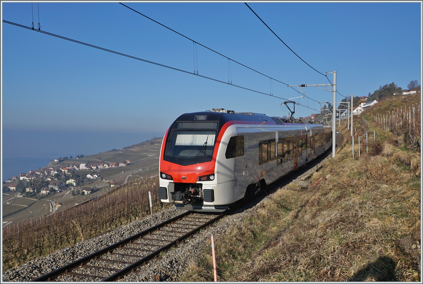  Fernverkehr  auf der Train de Vignes Strecke: der für den Fernverkehr beschaffte SBB Flirt3 RABe 523 503  Mouette  (RABe 94 85 0 523 503-6 CH-SBB) ist als S7 auf der Train de Vignes Strecke zwischen Vevey und Puidoux kurz vor Chexbres.

15. Februar 2023