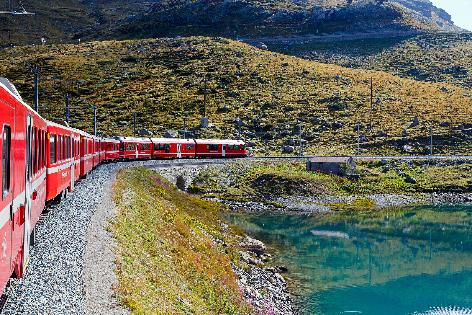 Gefhrt von dem ALLEGRA-Zweispannungstriebzug ABe 8/12 RhB 3504  Dario Cologna  erreichen wir mit unserem RhB-Regionalzug nach Tirano am 06.09.2021 bald Ospizio Bernina, den hchsten Punkt der Berninabahn.