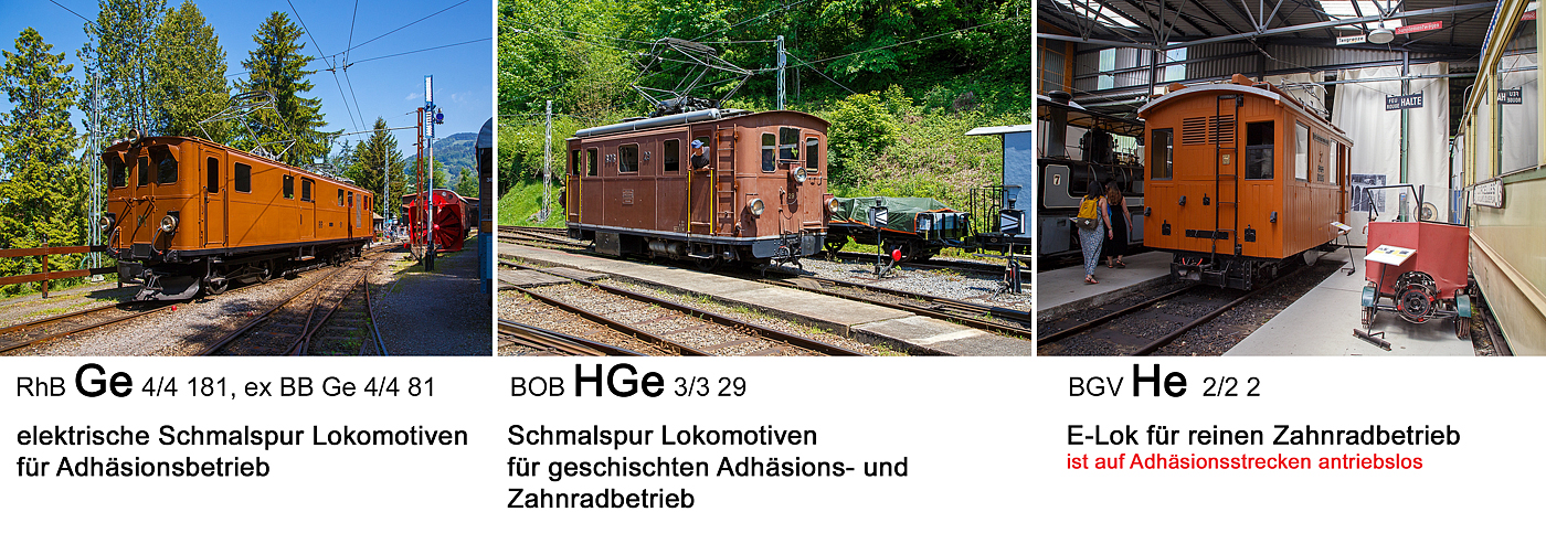 Hier mal ein Vergleich von Schweizer E-Lok (alle am 27.05.2022 im Museumareal der Museumsbahn Blonay–Chamby in Chaulin.
Serienbezeichnungen von Lok:
G = Schmalspur Lokomotiven für Adhäsionsbetrieb
H = Zahnradlokomotiven

Traktionsart:
a = Akkumulator
e = elektrisch
f = Funkfernsteuerung  (inoffizielle Erweiterung)
h = Zahnradantrieb (bei Triebwagen und Traktoren)
m = thermisch (Diesel, Gasturbine)
(fehlend) = Dampf

So gibt es z.B. die: 
He  = elektrische reine Zahnradlokomotiven (egal ob Normalspur oder Schmalspur);
Ge = elektrische Schmalspur Lokomotiven für reinen Adhäsionsbetrieb;
oder
HGe = elektrische Schmalspur Lokomotiven für gemischten Adhäsions- und Zahnradbetrieb.
