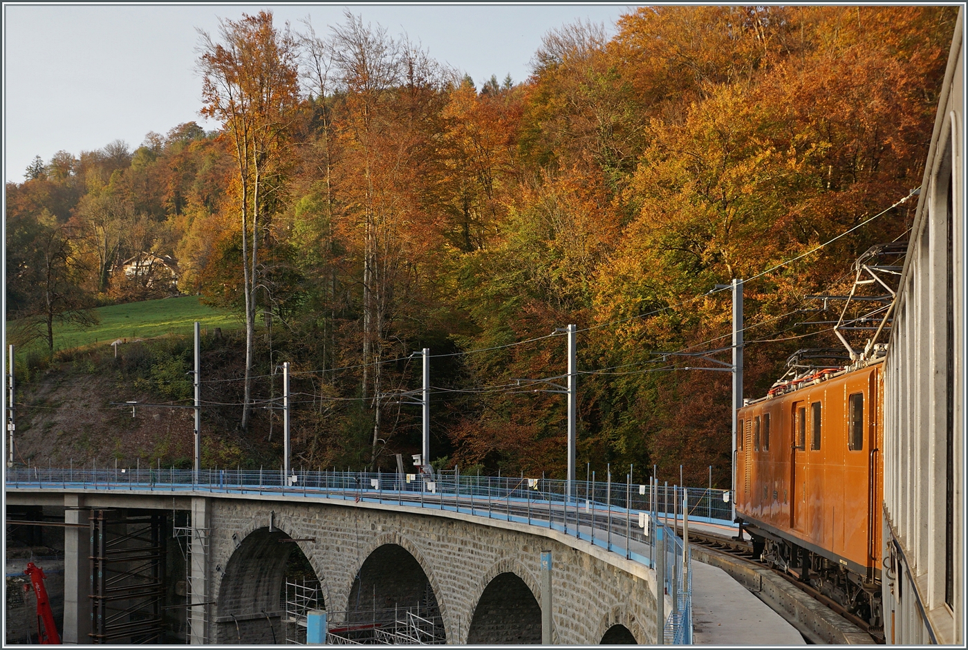 La DER de la Saison / Das Saison Ende der Blonay Chamby Bahn 2024 - Seit einigen Jahren zeigt die Blonay Chamby Bahn zum Saison Ende mit einem verdichteten Fahrplan noch einmal ihrer herrlichen Fahrzeuge im Einsatz. Zum Abschluss des Tages gab es für meinen Geschmack den Höhepunkt der Saisonabschlussfeier: Die Bernina RhB Ge 4/4 N° 81; hier auf der Fahrt über den Baye de Clarens Viadukt auf dem Weg nach Blonay.
 
27. Okt. 2024