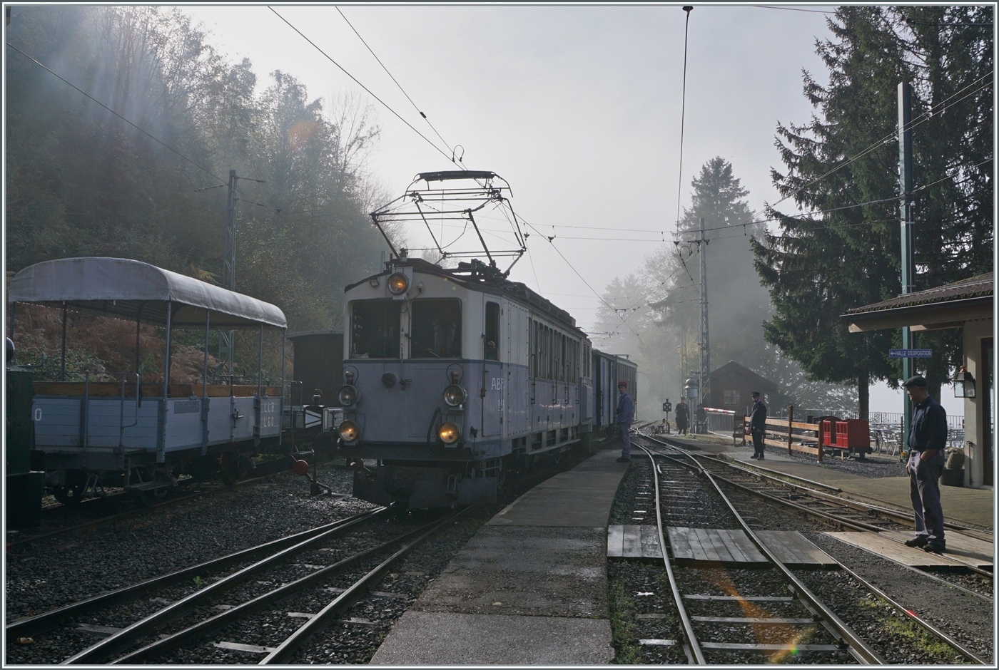 La DER de la Saison 2024! Ungewohnt mysthisch zeigt sich der Bahnhof von Chaulin w�hrend die  LLB ABFe 2/4 10 der Blonay-Chamby Bahn ihren Zug nach in Blonay bereit stellt. 

27. Okt. 2024