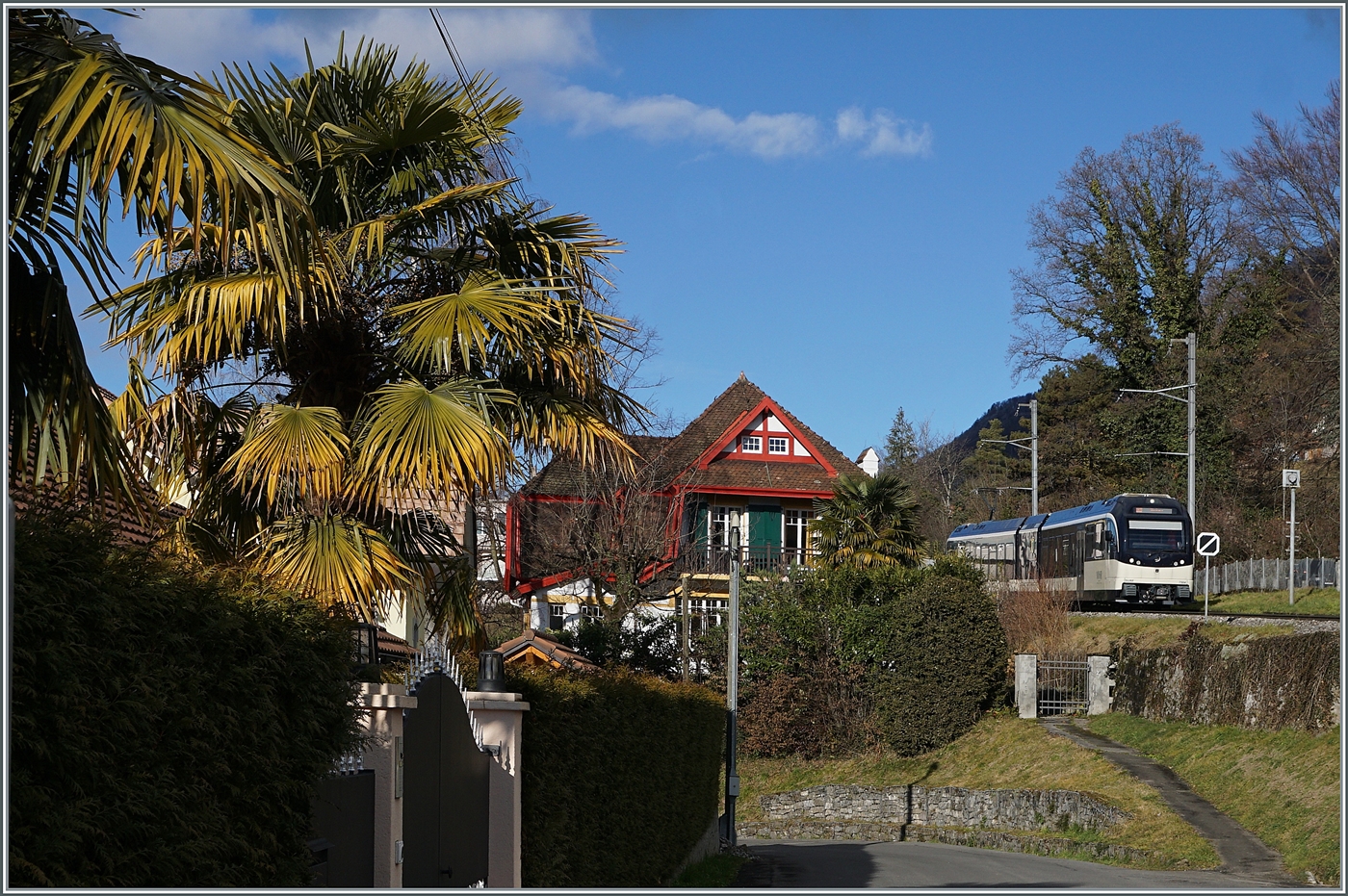 Nachdem der CEV MVR ABeh 2/6 7504  VEVEY  vor einer knappen Stunde im verschneiten Les Avants gezeigt hatte, ist der Triebwagen nun als R 34 2317 unter Palmen in Planchamps auf der Fahrt nach Montreux zu sehen. 

3. Jan. 2025