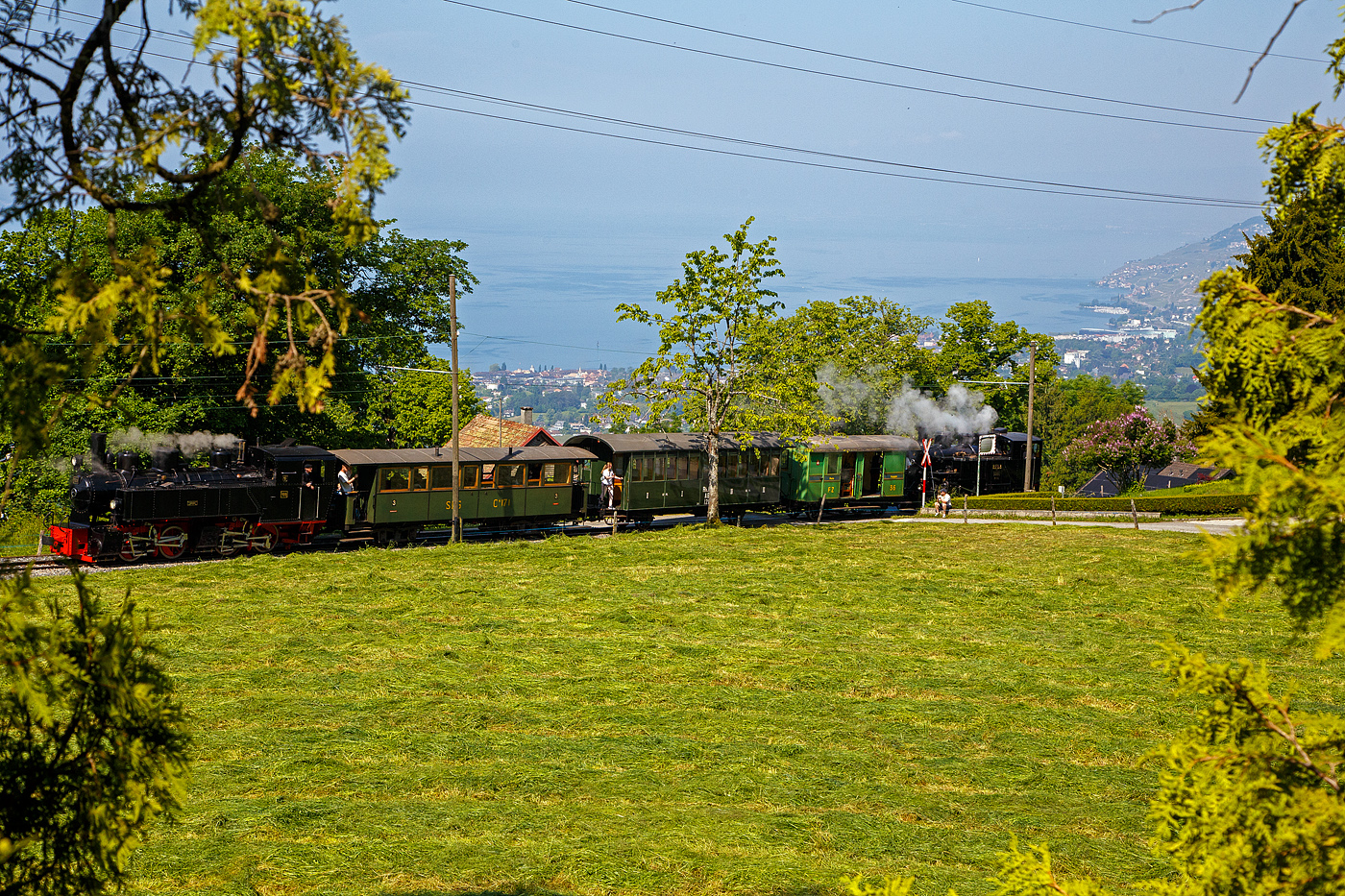 Pfingsten 2023 (Samstag 27. bis Montag 29. Mai 2023) fand bei der Museumsbahn Blonay–Chamby das Schweizer Dampffestival 2023 / Festival suisse de la Vapeur 2023 statt.

Der Dampfzug der Museumsbahn Blonay-Chamby fhrt am 27.05.2023 im Sandwich vom Museum Chaulin nach Blonay hinab. Vorne gefhrt von der Dampflokomotive fr gemischten Adhsions- und Zahnradbetrieb HG 3/4 ex B.F.D. 3 (Brig–Furka–Disentis-Bahn), ex F.O. 3, dahinter der Post- und Gepckwagen CEG FZ 36, der 1./2. Klasse Abteilwagen RhB AB 121, der 3. Klasse Groraumwagen SEG 171 und am Zugschluss der Mallet-Dampflok G 2x2/2 SEG 105  Todtnau“.

Unten im Hintergrund kann man den Genfersee erkennen.
