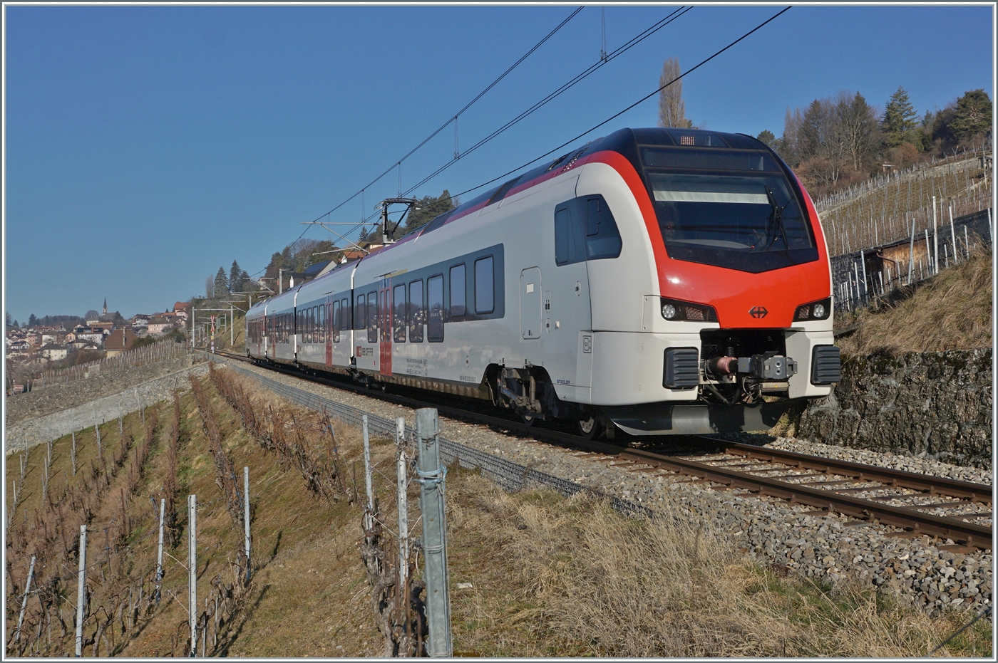 Und hier nun praktisch Bildfüllend: Der  Fernverkehr  SBB Flirt3 RABe 523 503  Mouette  (RABe 94 85 0 523 503-6 CH-SBB) ist als S7 auf der Train de Vignes Strecke zwischen Puidoux und Vevey kurz nach Chexbres unterwegs.

11. Februar 2023