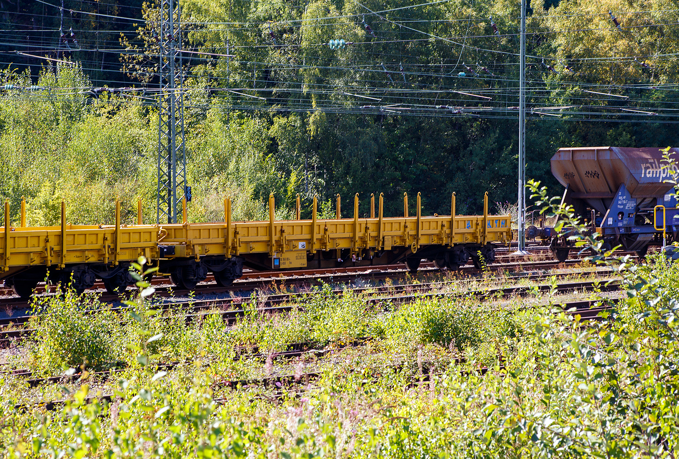 Vierachsiger Drehgestellflachwagen mit klappbaren Seitenborden und Rungen, der Hering Bahnbau GmbH (Burbach), 80 80 394 8 005-4 D-HGUI (ex 60 80 092 3 511-0, ex 33 52 393 7 563-7 D-DB), Gattung Res, als Schutzwagen zum GOTTWALD Gleisbauschienenkran GS 40.08 T, abgestellt am 26 August 2025 im Rbf Betzdorf/Sieg.

TECHNISCHE DATEN: 
Spurweite: 1.435 mm
Länge über Puffer: 19.900 mm
Drehzapfenabstand: 14.860 mm
Achsabstand im Drehgestell: 1.800 mm
Länge der Ladefläche: 18.660 mm 
Ladefläche: 50,5 m
Höchstgeschwindigkeit: beladen 100 km/h / leer 120 km/h
Eigengewicht: 22.600 kg
Maximale Ladegewicht: 57,4 t (ab Streckenklasse C)
Kleinster bef. Gleisbogenradius: 75 m
Bremse: KE-GP