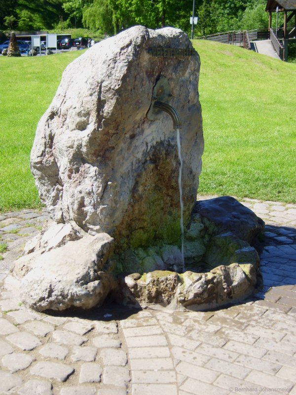 Bekannt ist Gerolstein fr sein Mineralwasser. Zu sehen ist hier die ffentliche Helenenquelle, die Trinkwasser ausspuckt und damit immer wieder zu einer Pause fr Radfahrer, Wanderer oder durstige Bahnfotografen einldt. Mai 2009