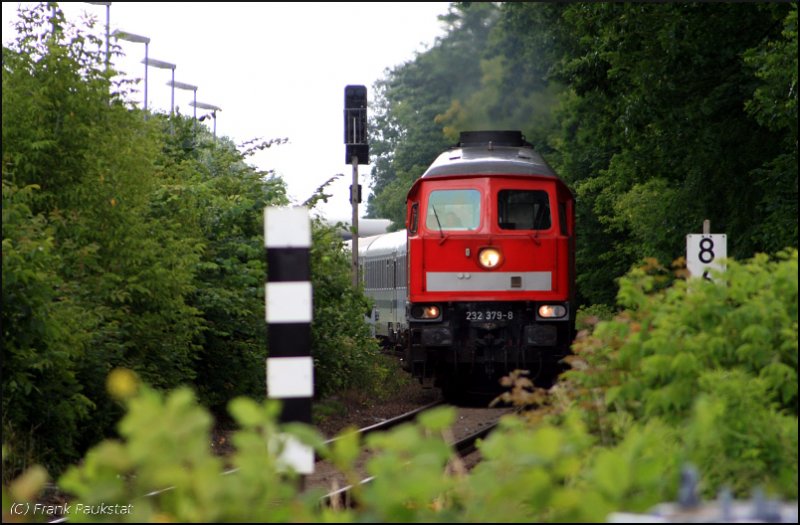 DB Schenker 232 379-8 (ex 132 379-9) mit dem Berlin-Warschau-Express im grünen  Tunnel  (Berlin Biesdorf, 20.06.2009)
<br><br>
- Update: ++ 11.2013 bei TSR in Magdeburg