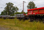 Vierachsiger Drehgestellflachwagen mit Rungen, Stirnwandklappen und klappbaren Ladeschwellen, jedoch ohne Seitenwandklappen, 31 80 3908 173-8 D-DB der Gattung Rs 684.2, der DB Cargo AG, am 19 Juli