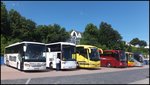 Setra 416 GT-HD von Söllner aus Deutschland und EOS von Aga-Bus aus Polen und Scania Irizar von CentrumTurist aus Dänemark und Mercedes Tourismo von Zwaluw Reizen aus den Niederlanden und Irisbus