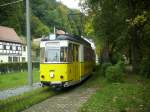 Triebwagen der Kirnitschtalbahn in Bad Schandau Richtung Beuthenfall.