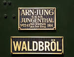   Fabrikschild der Jung 2243 - Dampflok  Waldbröl  des Eisenbahnmuseums Dieringhausen am 28.05.2016 im Eisenbahnmuseum Dieringhausen.