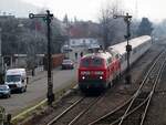 218 824-1 und eine weitere 218 mit ÖBB EC als Umleiter im Illertal aufgrund der Elektrifizierung und Ausbau der Südbahn in Vöhringen am 06.01.2020.
