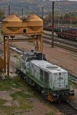 CFL Cargo 1109; Vossloh G 1000 BB; 92 80 1271 016-8 D-CFLCA, BJ 2004; Bau NR 5001541; Bau Art B’B-dh; seit 2021 an CFL Cargo vermietet, Steht bei der Besandungs Anlage in Esch-Belval. Aufgenommen in der Abstellung Esch Belval, von der Fahrrad und Fu�g�nger Br�cke Velodukt. 16.10.2025