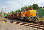   Die Lok 46 (92 80 1277 807-4 D-KSW )der Kreisbahn Siegen-Wittgenstein, eine Vossloh G 1700-2 BB , kommt am 20.07.2018 mit ihrem bergabe-Gterzug von Herdorf in Betzdorf/Sieg an.