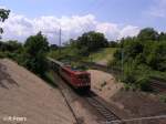 155 091-2 fhrt in Frankfurt/Oder mit ein Containerzug ein.