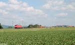185 380-3 zieht mit einem halb beladenen Containerzug bei Uffenheim in Richtung Norden.
