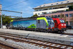 Die SIEMENS Vectron MS der BLS Cargo 406 (91 85 4475 406-5 CH-BLSC) ist am 11 September 2023 beim Bahnhof Spiez abgestellt, dahinter die DB Cargo 185 132-8    Die Vectron MS wurden 2017 von Siemens