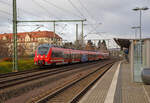 Zwei gekuppelten Bombardier Talent 2 (der fünfteilige 442 811 / 442 311 und der dreiteige 442 118 / 442 618) der DB Regio Südost, rauschen, als RE 50 „Saxonia-Express“ (Leipzig