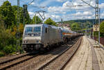 Die an die TX Logistik AG vermietete Railpool 185 717-8 (91 80 6185 717-6 D-Rpool) fhrt am 12.06.2020 mit einem Druckgaskesselwagenzug durch den Bahnhof Kirchen (Sieg) in Richtung Kln.