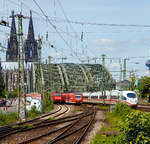   Blick vom Bahnhof Köln Messe/Deutz am 01.06.2019 auf die Hohenzollernbrücke, dahinter folgt sofort der Hauptbahnhof Köln mit der weltweit größten Bahnhofskapelle, dem