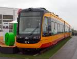 Vossloh „Citylink NET 2012“ (NET=Niederflur Elektrotriebwagen) fr die Stadtbahnen Karlsruhe ein Einrichtungs-Gelenkfahrzeug, mit Hilfsfahrerstand am anderen Ende, wurde auf der InnoTrans