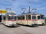 Gelenktriebwagen 1, Lowa Triebwagen 46 und Tatra T6A2 Nummer 704 der Rostocker Straßenbahn AG im Depot12 am Tag der offenen Tür.