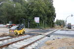 Stra�enbahn-Baustelle am Morgen des 24.07.2026 auf H�he Rostock-Holbeinplatz.
