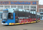 Dampflok mit Stromabnehmer abgestellt auf dem Gelnde der Rostocker Straenbahn AG.an der Seite sind Ausbesserungen vermutlich von einem Unfall zu sehen.20.10.2017