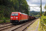 Die 185 257-3 (91 80 6185 257-3 D-DB) der DB Cargo AG fährt am 08 August 2024 mit einem gemischten Güterzug (vier Wagen der Gattung Eaons-x 059, sowie sechsachsige Coilwagen der Gattung