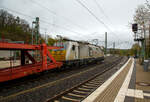 Die E 186 166-5 (91 80 6186 166-5 D-ECR) der ECR - Euro Cargo Rail SAS (Paris) fhrt am 22 April 2017 mit einem leeren Autotransportzug durch den Bahnhof Au/Sieg in Richtung Siegen.