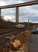 Der VT 261 (95 80 0648 161-7 D-HEB / 95 80 0648 661-6 D-HEB) ein Alstom Coradia LINT 41 der HLB (Hessische Landesbahn), hat am 28 Februar 2026, als RB 90  Westerwald-Sieg-Bahn  (Altenkirche - Au/Sieg