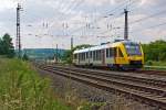   Der VT 280 (95 80 0648 020-5 D-HEB / 95 80 0648 520-4 D-HEB) ein LINT 41 der HLB (Hessische Landesbahn) fhrt am 02.06.2014 von Dutenhofen weiter in Richtung Gieen.