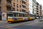   Die ATM Tram 4602 fährt am 14.09.2017 als Fahrschulfahrzeug auf der Via Fabio Filzi in Mailand, nähe Milano Centrale.