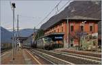 Die BLS Re 475 404 fährt mit einem Güterzug auf der Strecke Domodossola - Milano Richtung Süden durch die Station Premosello-Chiovenda.