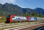 Die an die SBB Cargo International AG vermietete Vectron 193 478-5  Gottardo  (91 80 6193 478-5 D-SIEAG) der LokRoll AG erreicht am 02.08.2019 mit der kalten SBB Cargo Re 484 017-9 / E 484.017 SR (91