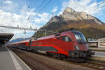   Die ÖBB-railjet Taurus II - 1116 206-4 (9181 1116 211-4 A-ÖBB) steht am 04.11.2019, mit dem RJX 160 (Railjet Xpress)  Bratislava – Wien Hbf – Zürich HB, im Bahnhof Sargans