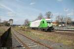 ER20-01 fährt langsam an mit 11 leeren Containertragwagen in Pechbrunn in Richtung Wiesau.