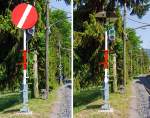 Ehemaliges Schweizer Hauptsignal (Scheibensignal), hier am 27.05.2012  der Museumsbahn Blonay-Chamby als Einfahrtsignal zum Museum Chaulin.