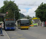 Der Mercedes Citaro G Nr. 150 der VZO (Baujahr 2018) und ein Mercedes Citaro des Postautobetriebs Uznach warten am Bahnhof Wald am 16.6.19