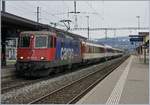 Mit dem breiten Stromabnehmer an der Fahrleitung trifft die SBB Re 421 371-6 mit ihrem in Lindau übernommen EC nach Zürich in St.Margrethen ein.