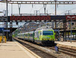 Die Re 465 001-6  Simplon/Sempione  (91 85 4465 001-6 CH-BLS) mit Werbung  Mehr durch Zug - 10 Jahre Lötschberg-Basistunnel  der BLS wird am 18.05.2018 mit einem EW III-Pendelzug (RegioExpress