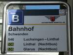 (281'058) - AUTOBETRIEB SERNFTAL-Haltestellenschild - Schwanden, Bahnhof - am 7.