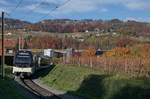 Der CEV MVR ABeh 2/6 7504  VEVEY  ist als Regionalzug 1332 von Blonay nach Vevey in den Rebbergen oberhalb von Vevey zwischen Clies und Gilamont unterwegs.