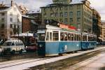 VBZ: Be 4/4 1501-1518 (1941-1943) + B 4 der Linie 4 auf der Fahrt zum Werdhlzli im Dezember 1985.